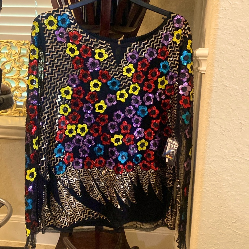 A.Z.I. - Sequin Multicolored Blouse - Sheer Arms - Size Medium